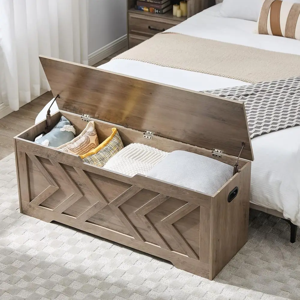 ตู้เก็บของไม้ขนาดใหญ่พิเศษ พร้อมบานพับนิรภัย 2 บาน ใช้เป็นม้านั่งวางของที่ทางเข้าบ้านสำหรับเก็บผ้าห่มและรองเท้า เหมาะสำหรับห้องนอนและห้องนั่งเล่น