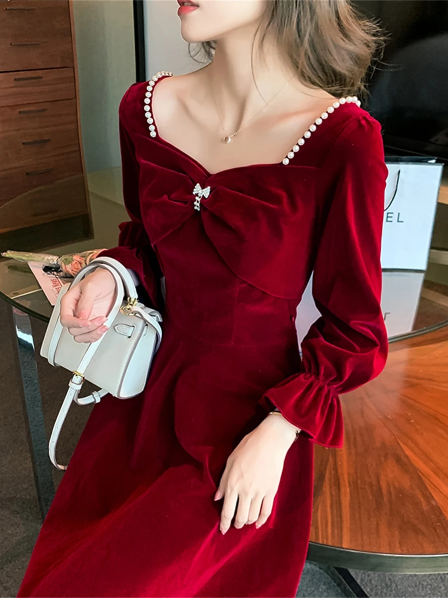 

Элегантное красное вечернее платье для женщин: бархатное, с завышенной талией, длинными рукавами, средней длины, в корейском стиле, для невест