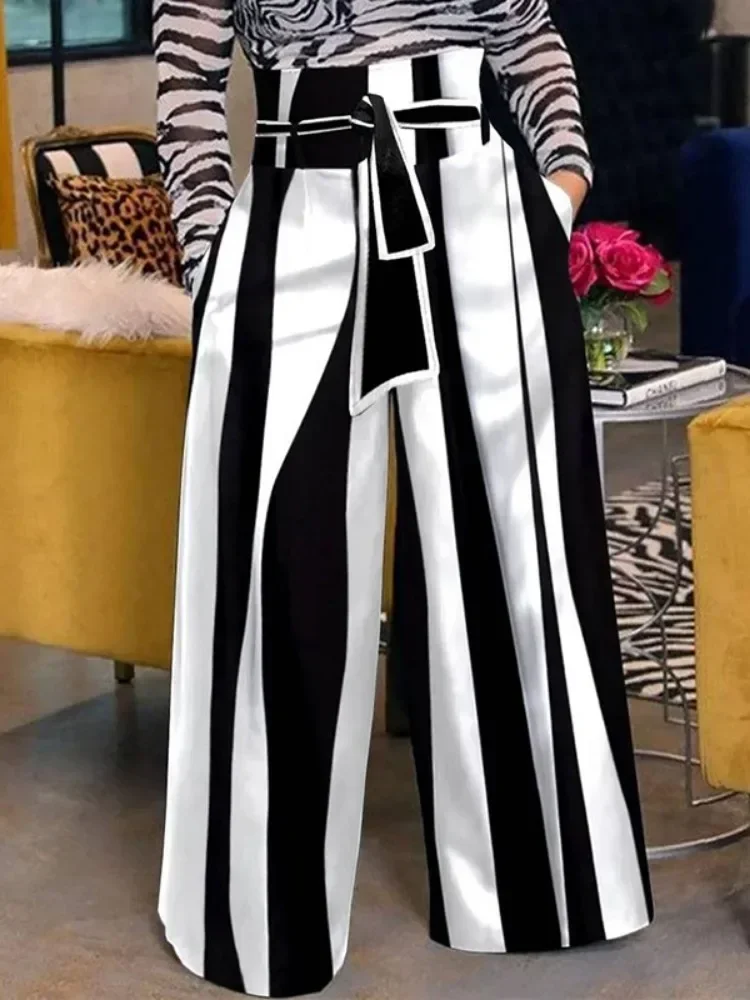 Lemongor Fashion Black White Striped Wide Leg Pants Women 2024 New Autumn  Lace-up High Waisted Loose Casual Commute Trousers