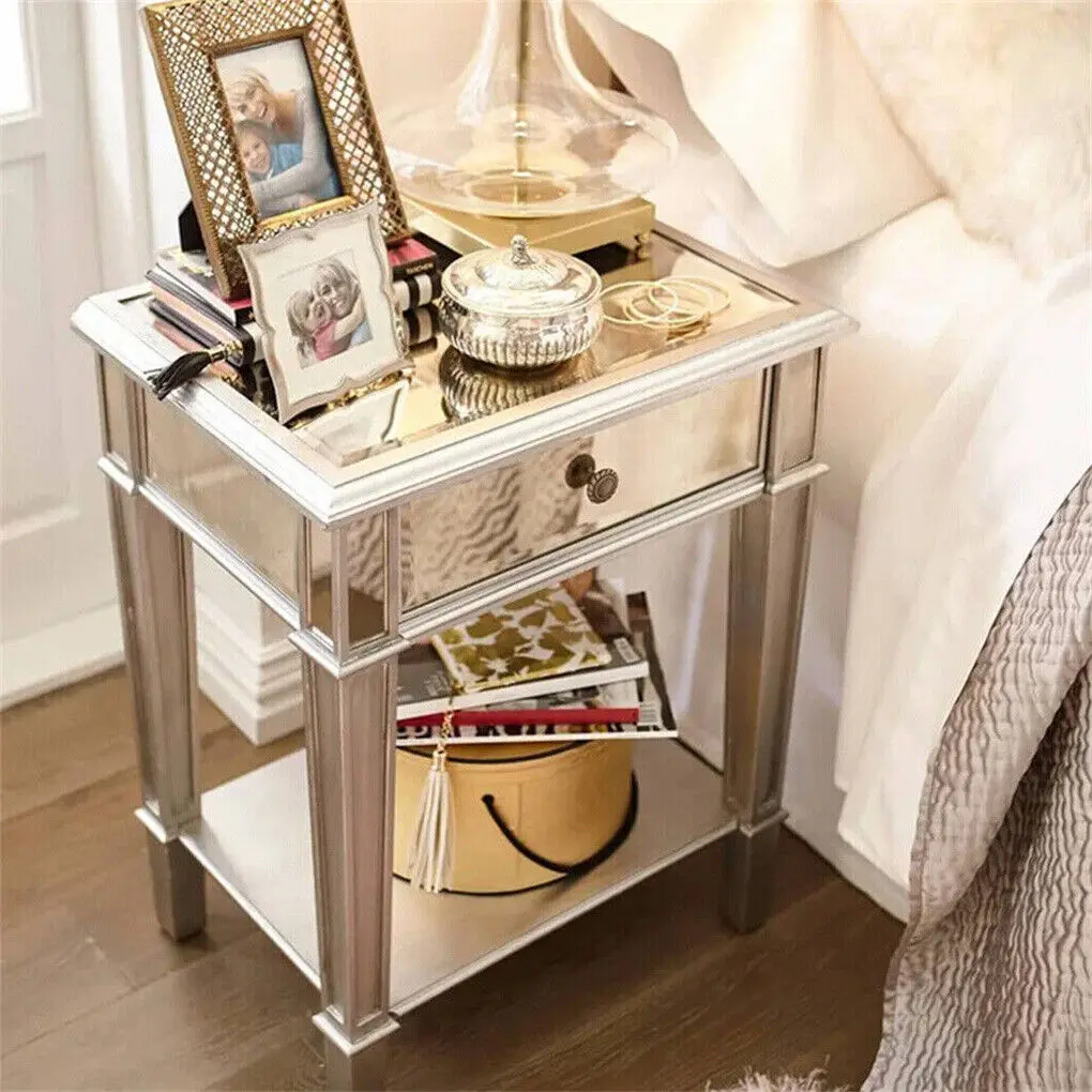 Silver Mirrored Coffee Tables for Living Room Bedroom 2 Tier Sofa End Side Bedside Cabinet Nightstand Desk with Drawer