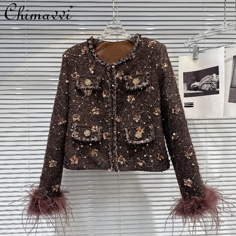 

Autumn New Heavy Light Luxury Sequin Flower Ostrich Feather Sleeve Tweed Short Coat Fashion Round Neck Slim Elegant Jacket Women