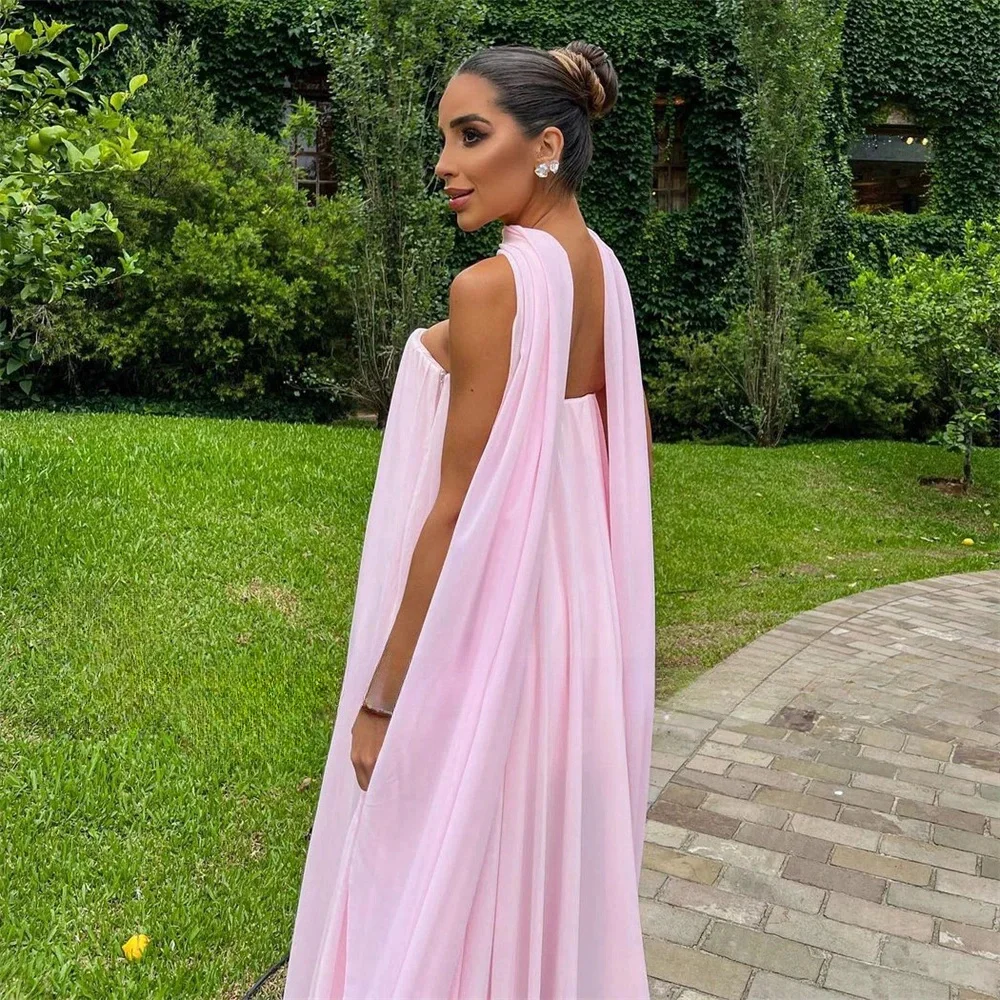 Sansa Elegant Pink Strapless Prom Dresses Chiffon A-line Drapeds Scarf Vestidos de fiesta Sleeveless Ankle-Length Zip فساتين سه