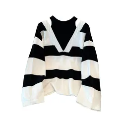 Loose Round Neck Striped Knit Sweater, Off Shoulder, Retro Street Clothing, Gothic Harajuku Korean Style, College Style