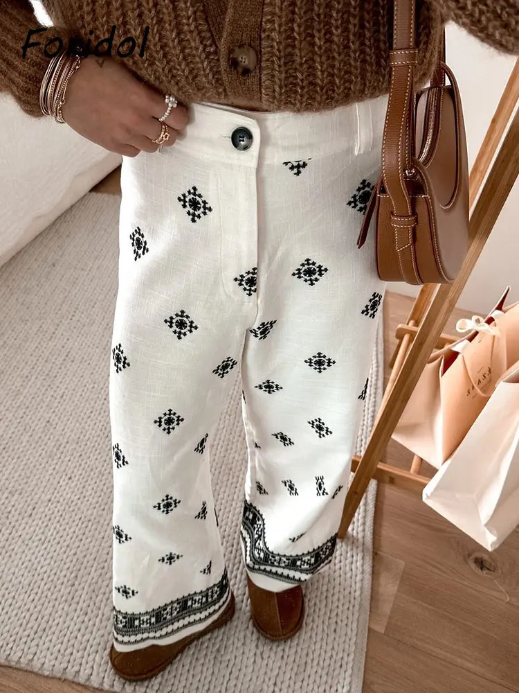 Foridol Geometric Embroidery Wide Leg Spring Summer Women Beige Long Pants Zip Fashion Trousers Pantalones De Mujer Autumn Pants