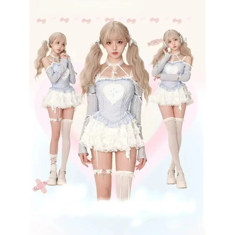 Комплекты Лолиты в японском стиле, женская блузка с принтом Harajuku Kawaii + милый тонкий торт, повседневная мини-юбка Y2k, популярные девушки 2000-х годов ty'4