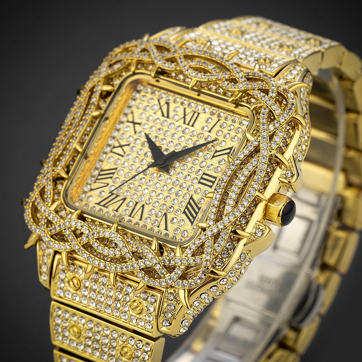 UWIN Square Hardlex Dial Watch CZ Thorns Iced Out Silver Color Quartz Wrist Watches for Men Hip Hop Accessories Drop Shipping