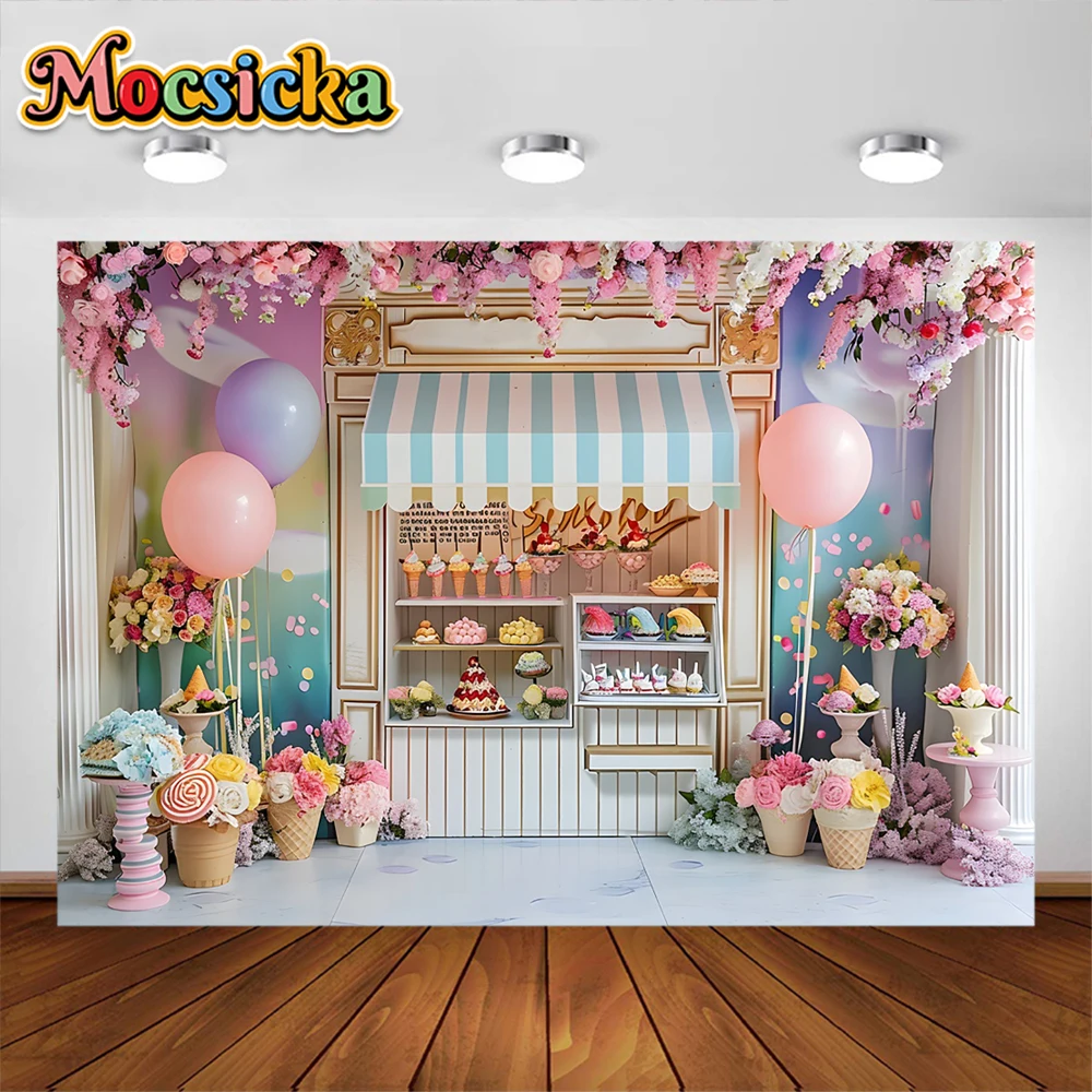 Mocsicka Ice Cream Photography Background Candy Store Party Decoration Supplies Cake Smash Kids Birthday Backdrops Studio Props