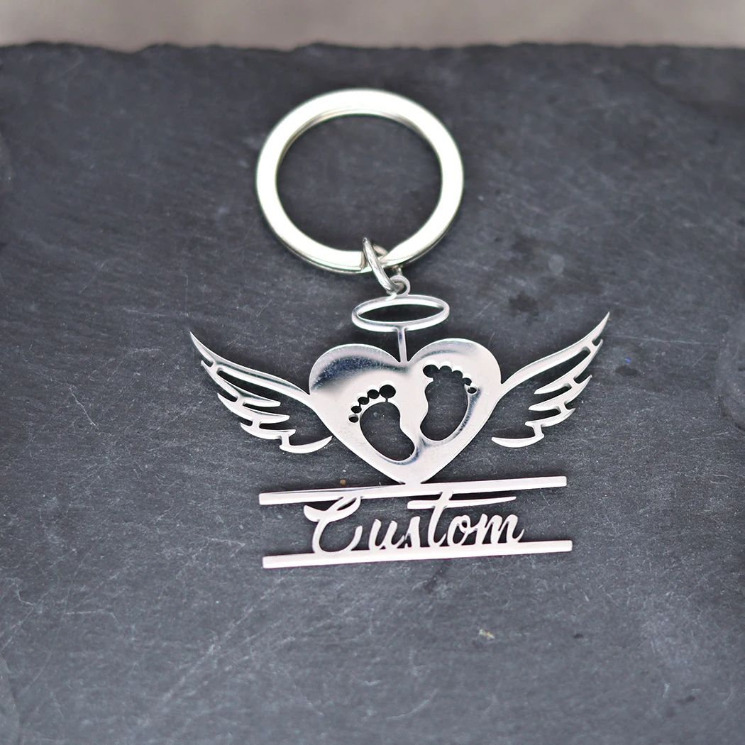 Wings of Love with Footprints Personalized Pendant Custom Engrave Name Keychain Men Women Keyring Gift Stainless Steel Jewelry