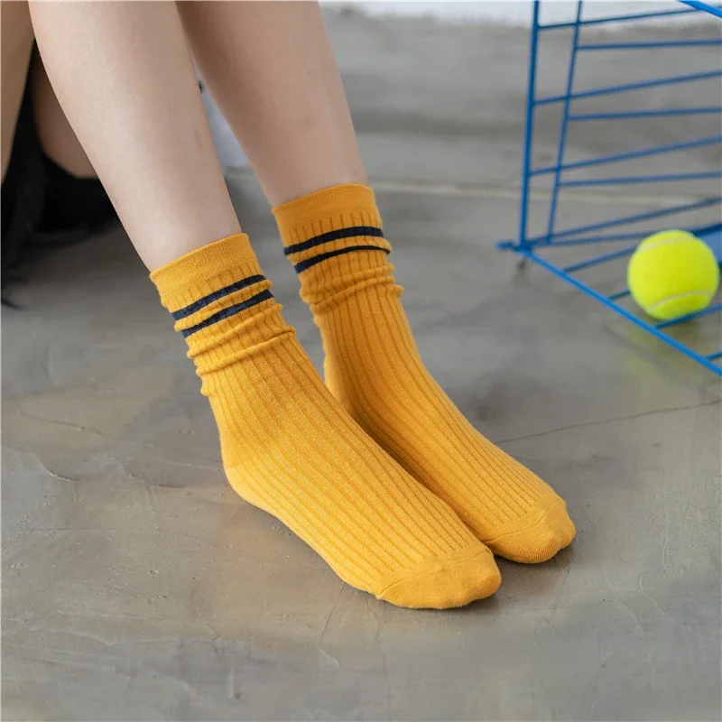 3 Pairs / Lot High School Girls Harajuku Loose Socks Solid Colors Needles Knitting Striped Unisex Cotton Sokken