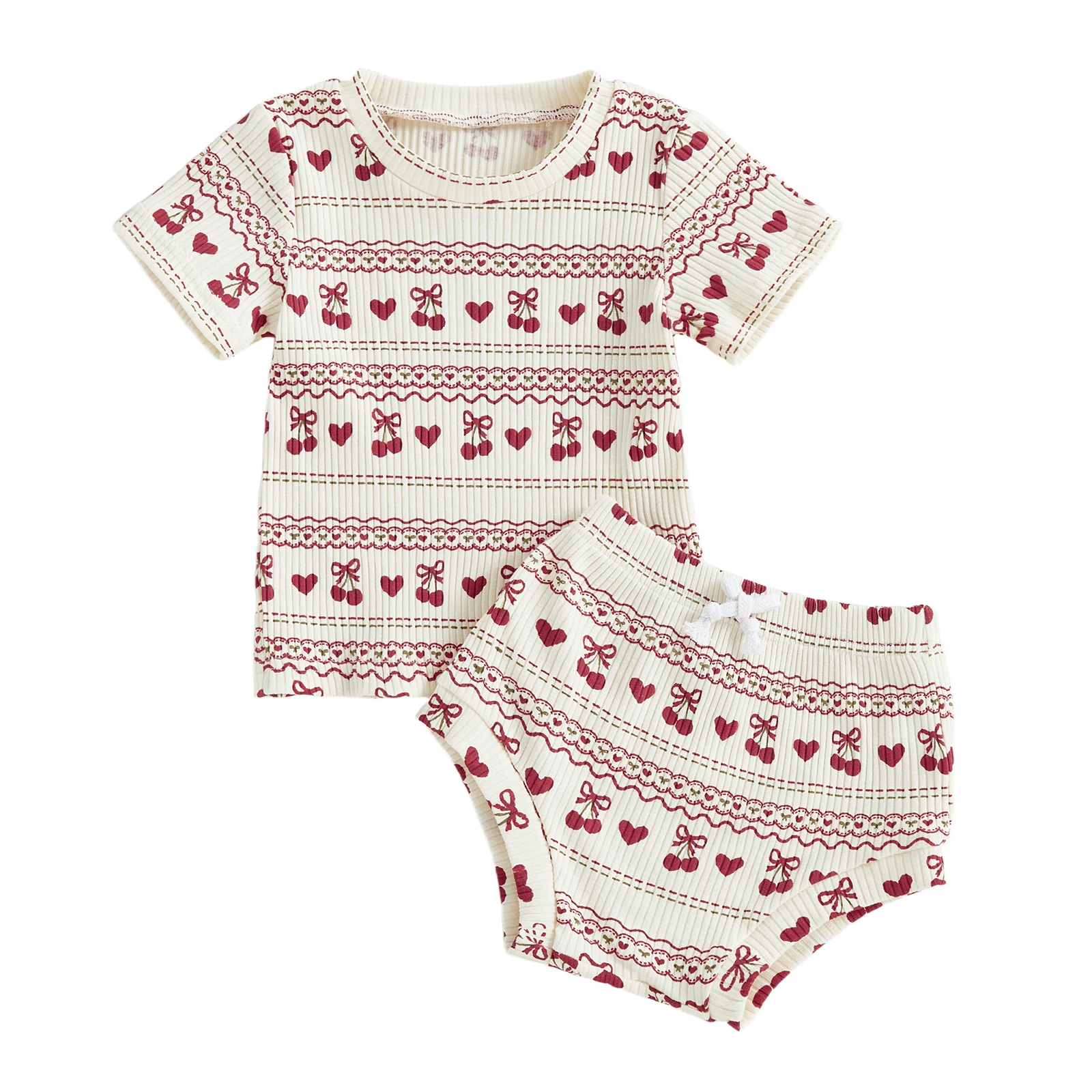 

2Pcs Infant Baby Girl Outfit Crew Neck Short Sleeve Cherry Print Tops and Elastic Waist Bloomers Shorts
