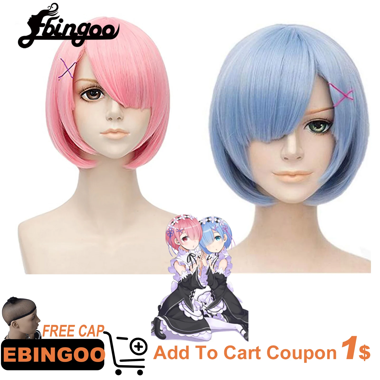 

Ebingoo REM RAM Wig Anime Re: Life in a different world from zero Cosplay Wig Anime Women Rem Ram Costume Hair Synthetic Wig