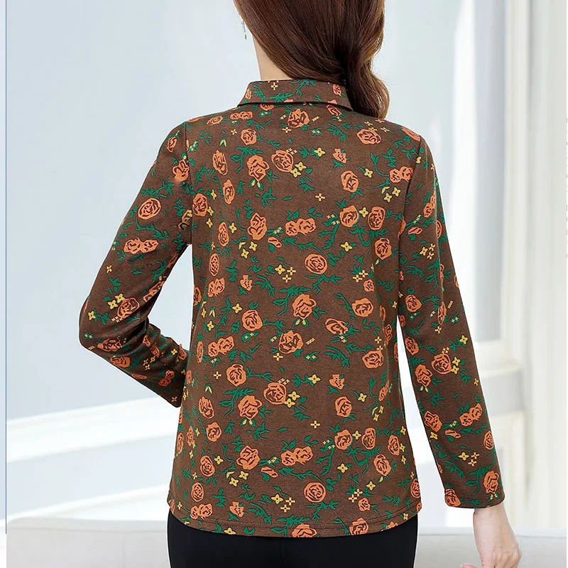 2023 Spring Autumn Winter New Vintage Floral Printing Long Sleeve T-shirt Women POLO Collar Button Plus Velvet Warm Pullovers