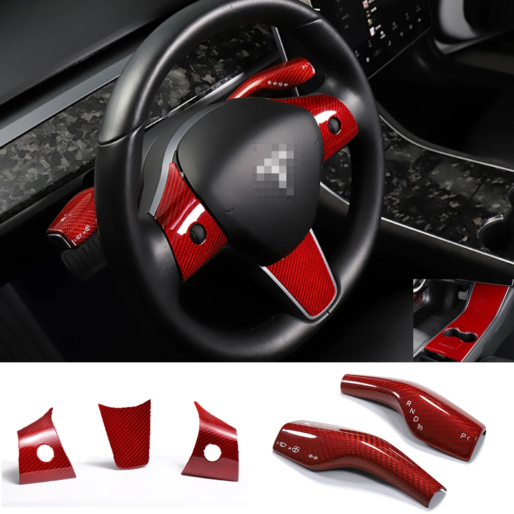 

Carbon Fiber For Tesla Model 3 Y 2017-2021ar Accessories Interior Steering Wheel Button Cover Trim Column Shift Protection Cover