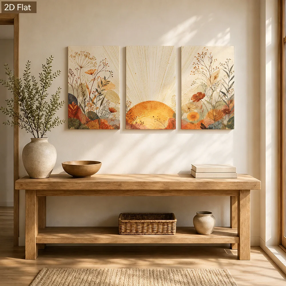 (No frame)2D Flat, 3pcs 3pcs Boho Morandi Botanical Wall Art Suitable for Living Room, Vertical Wild Plant Collage Framed Can