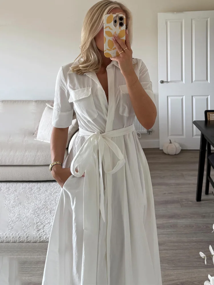 HH femmes mode revers manches courtes poche simple boutonnage ceinture décorer robe Midi femme été élégant mince robe plissée