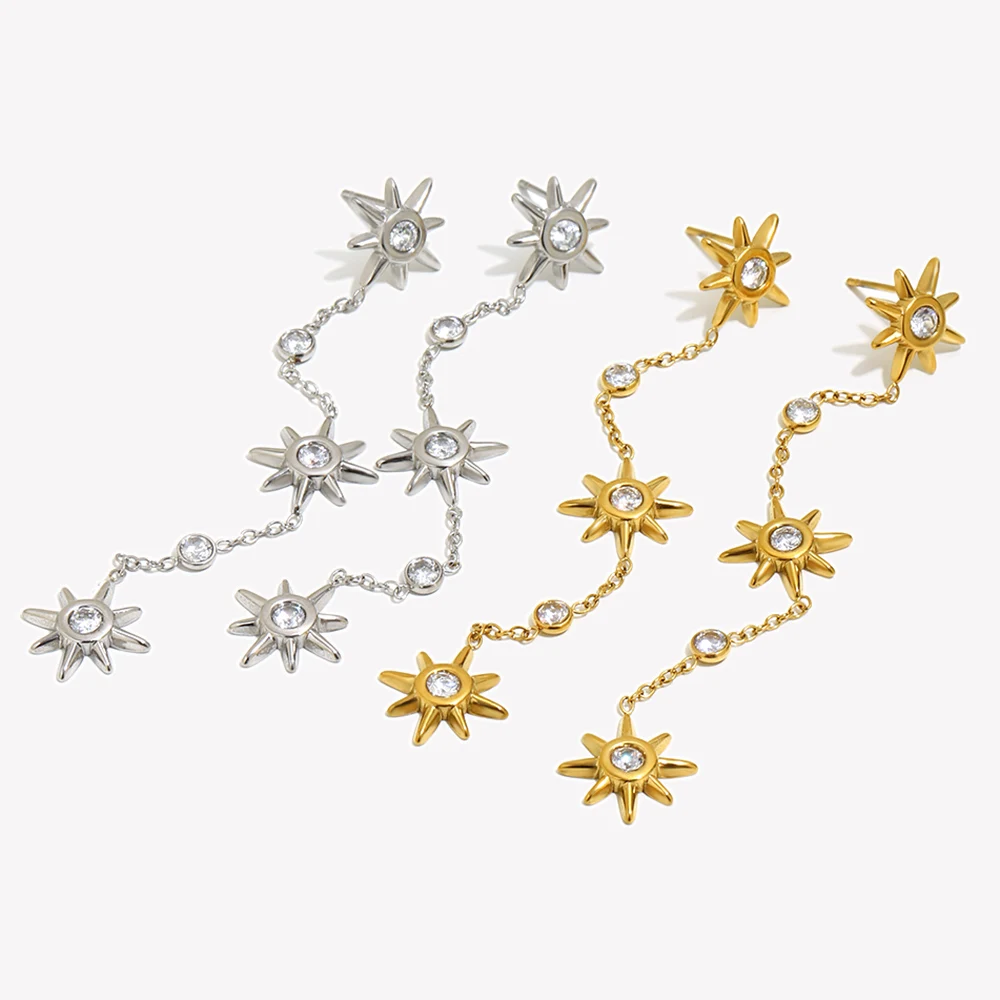 E.B.belle Sun Pattern Tassel Stud Earring With Small Rhinestone Sweet Design Eight-pointed Star Earring Hypoallergenic For Women