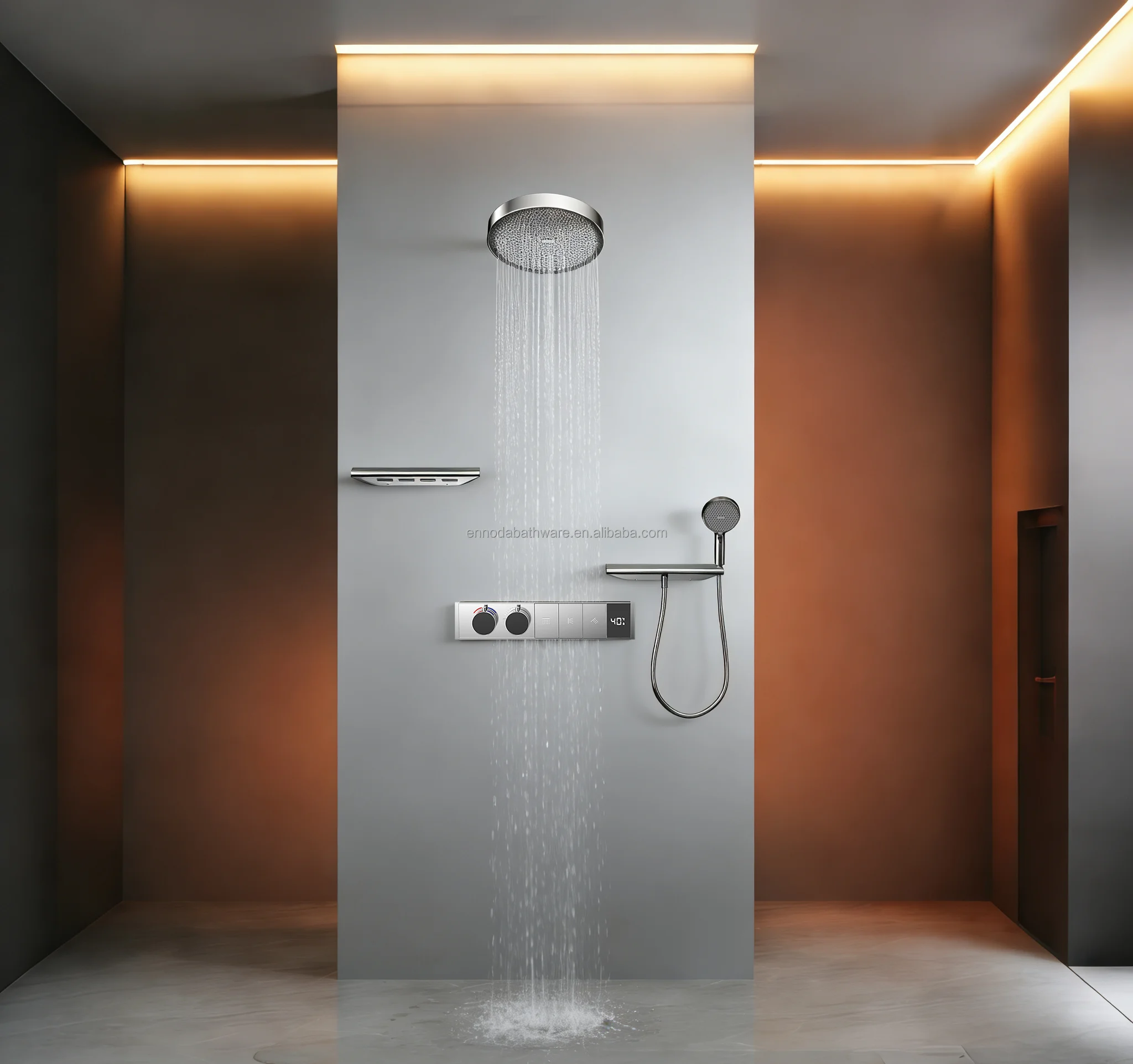New Wall Mounted Concealed 3 Ways Smart Display Diverter Brass Thermostatic Shower Valve Rainfall Shower Set Body Spray