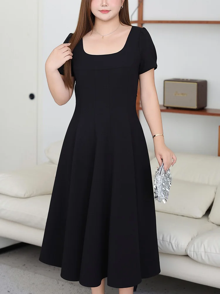 Vestido feminino plus size com gola quadrada, premium, vintage, elegante, emagrecimento, cintura, manga bufante, estilo preppy, acadêmico, chique, casual