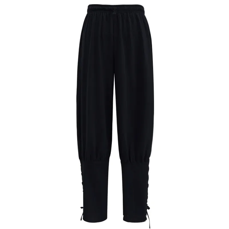 زي القراصنة من عصر النهضة في العصور الوسطى للرجال والنساء ، فارس القرع ، فارس ، بنطلون فايكنغ ، بنطلون برباط برباط للكاحل ، ملابس كتان