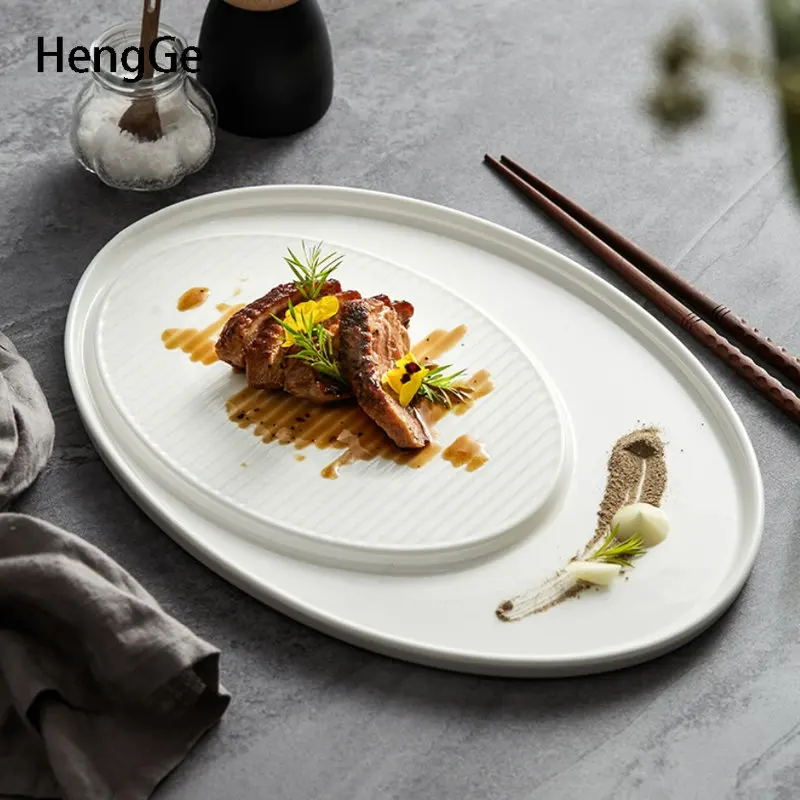 

Nordic Elliptical Shaped Ceramic Plate Creative Striped Tableware Artistic Conception Cold Dishes Roast Duck Dinner Plates