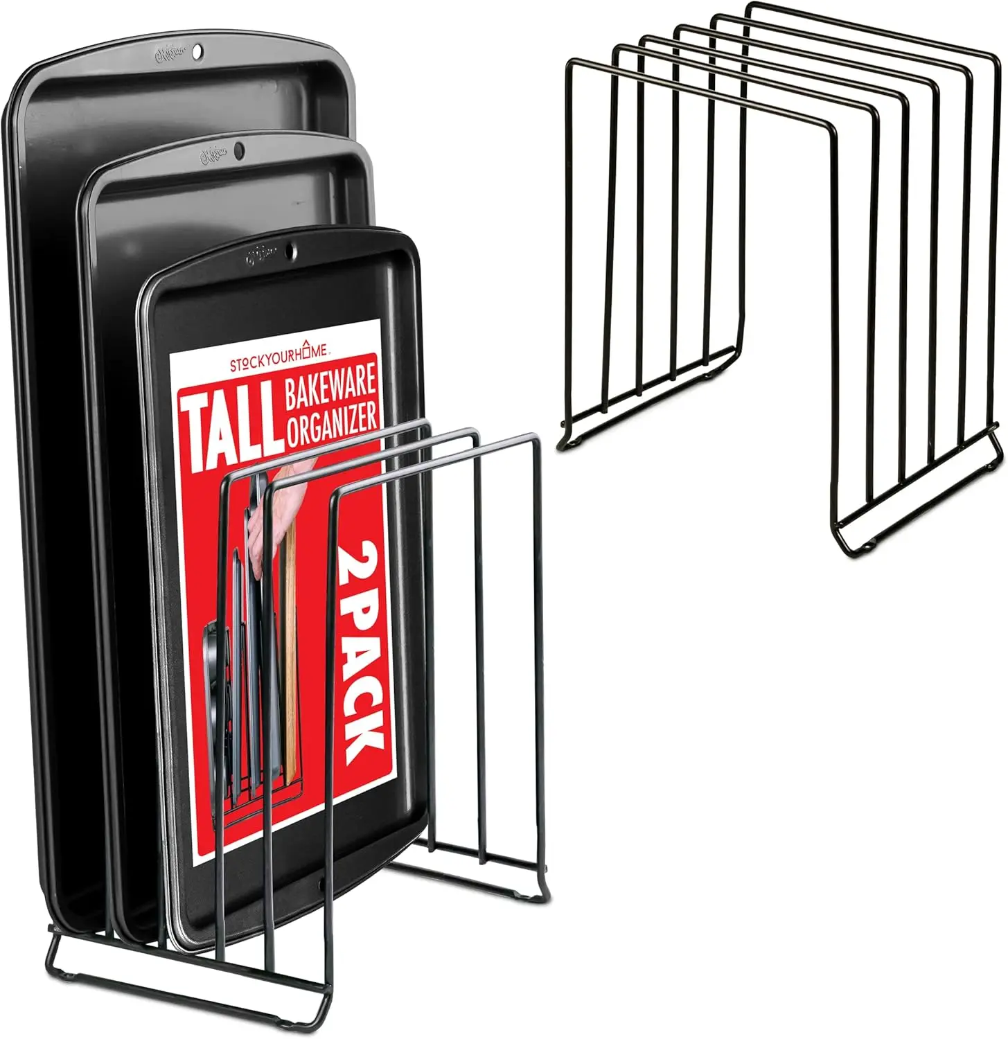 

Черная (2 шт.) очень высокая стальная подставка-органайзер для противней для хранения в шкафу или на кухонной столешнице