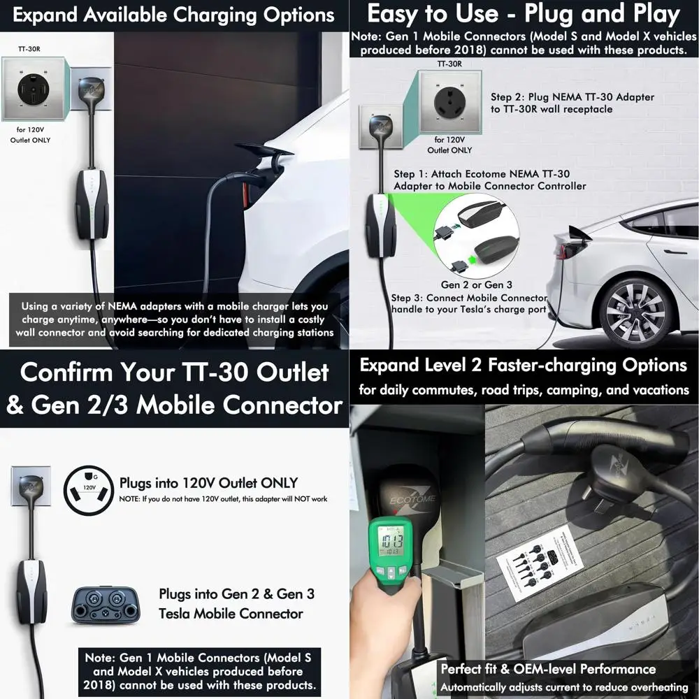 

Адаптер NEMA TT-30 для мобильного зарядного устройства Tesla Gen 2 и 3, для розетки 120 В, 24 А, совместим с моделью 3, Y, X, S Идеально подходит для Outdo