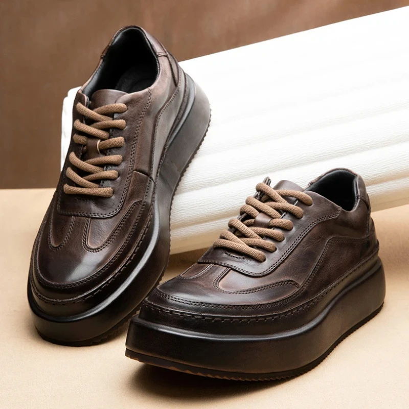 

2025 New Men's COWhide Leather Boots, Breathable High Top Work Boots, Retro Chunky Sole Platform Shoes for Autumn Winter