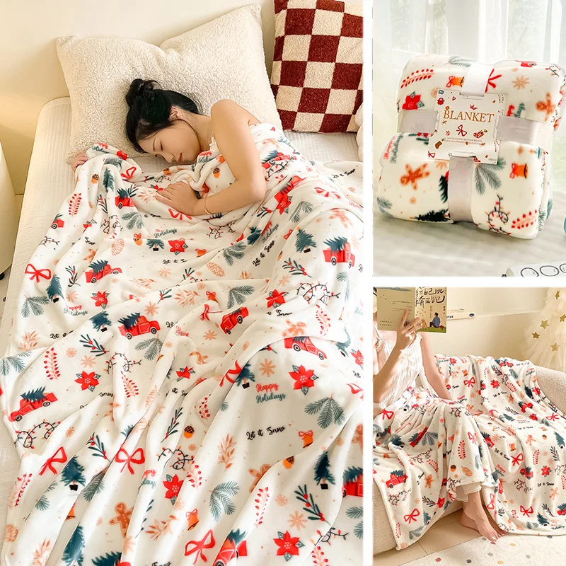 Christmas Thick Printed Flannel Blanket Soft Air Conditioning Blanket for Home Office Cartoon Multifunctional Shawl for Napping