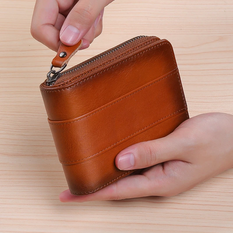 Wallet men's short leather 2024 new pure cowhide zipper popular driver's license card bag style leather clip wallet image 4