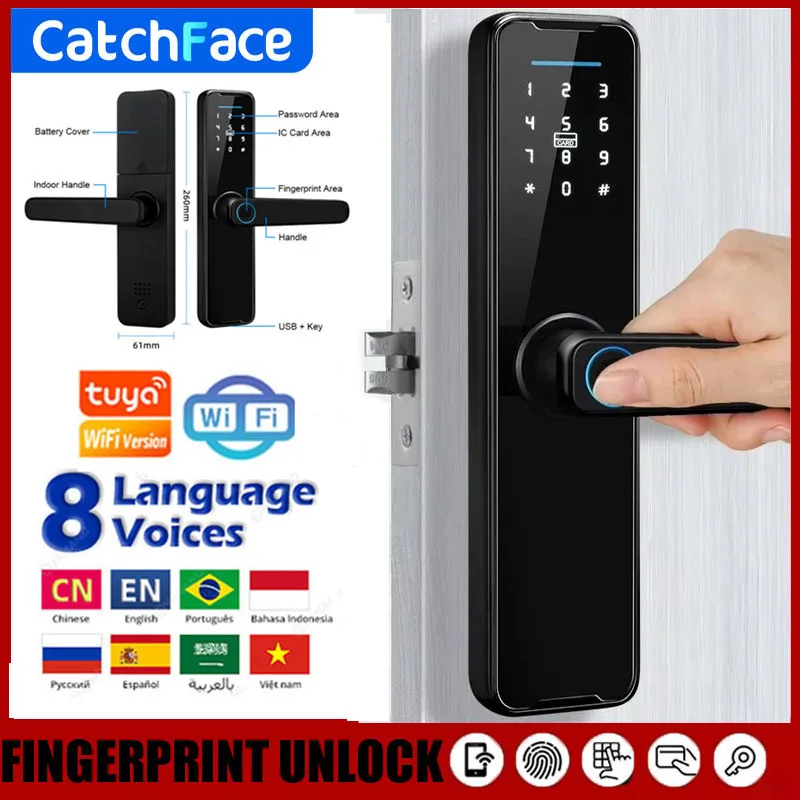 

Cerradura Inteligente, 8-язычный биометрический дверной замок с отпечатками пальцев, электронный дверной замок с приложением Tuya/IC-картой/паролем/ключом Unlok
