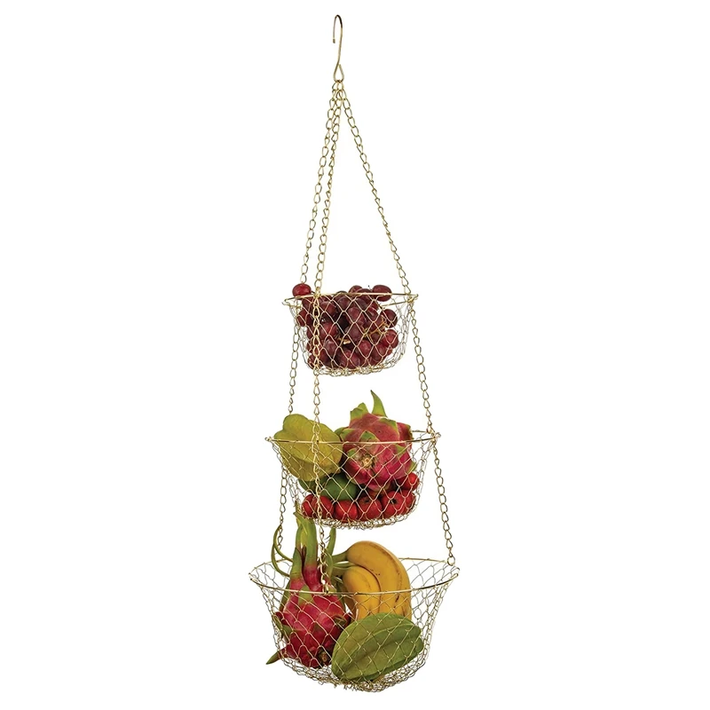 3 Tier Fruit Basket, Vegetable Kitchen Storage Basket Chain Hanging Space Saving Fruits, Plants Storage Basket