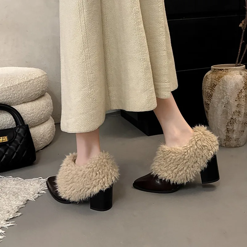 French Retro Style Plush Shoes Brown Women's Autumn Winter Fashion Faux Fur Warm Short Boots Pointed Toe Chunky Heel Botas Mujer