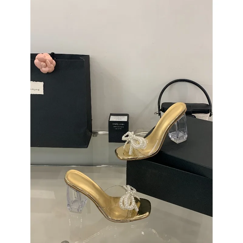 New Women's Crystal Chunky High-heeled Sandals Fashionable Versatile Pearl Bow Sexy High-heeled Sandals Size 35-41 view 3