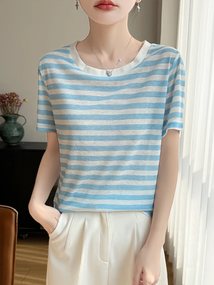 

Summer 2026 Women's Loose Fit round Neck Striped Short Sleeve T-Shirt Casual Knitted Top Fashionable Versatile Slimming Effect