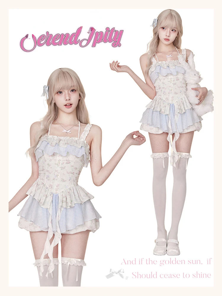 Conjunto de 2 piezas de Lolita estilo japonés para mujer, minivestido Y2k sin mangas con estampado y pantalones cortos de cintura alta, traje Kawaii