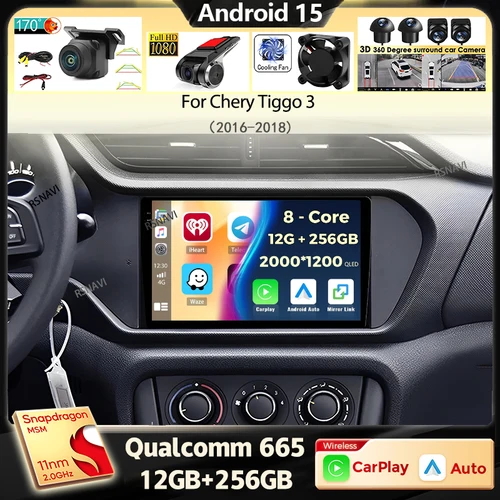 Android 15 Carplay Auto Radio de coche para Chery Tiggo 3 2016 2017 2018 grabadora GPS reproductor de vídeo Multimedia navegación WiFi + 4G DSP