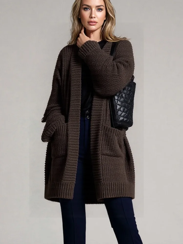 

Новая мода утепленный кардиган с длинными рукавами, женский осенне-зимний повседневный свободный длинный женский свитер, пальто, элегантная вязаная верхняя одежда