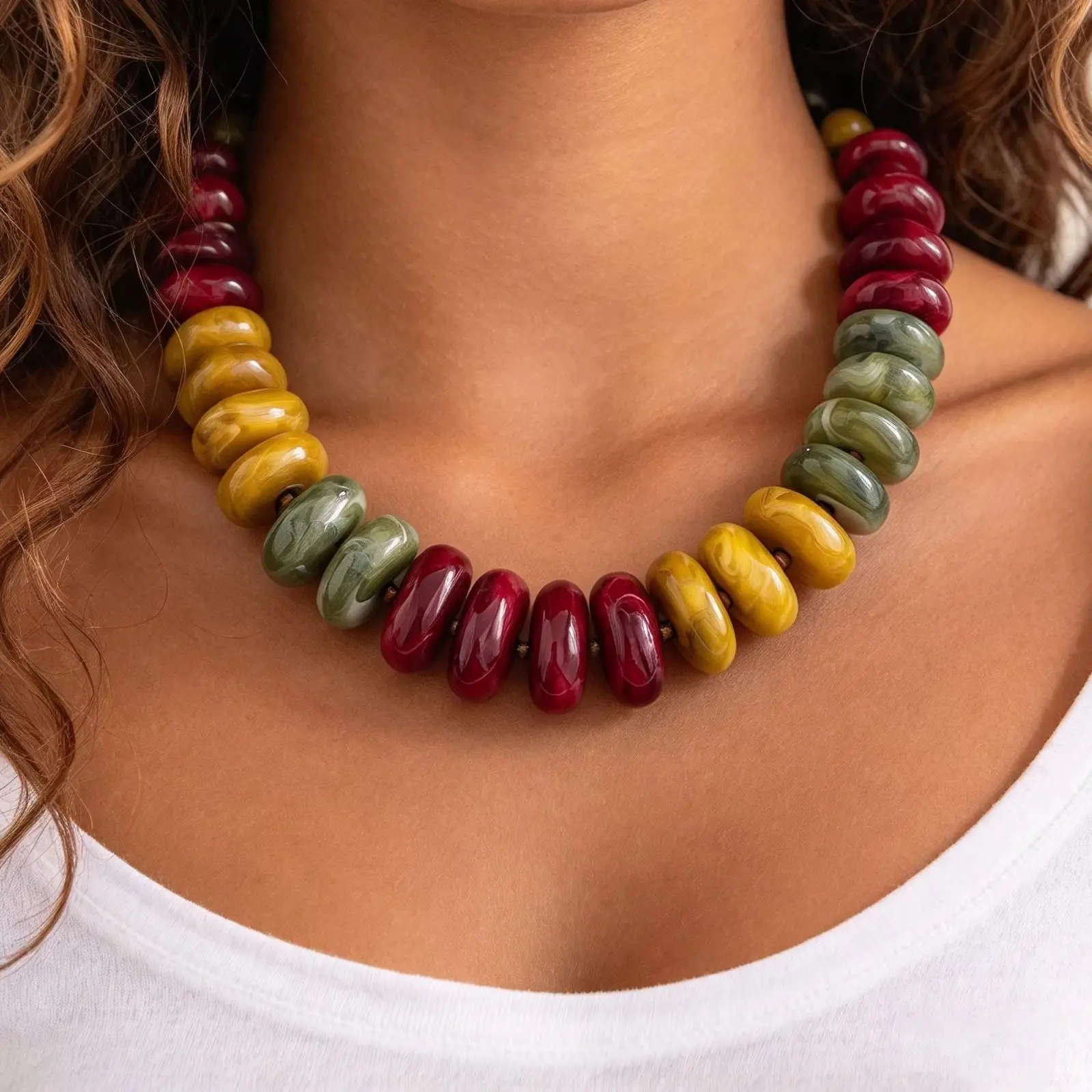 Women Boho Chunky Statement Necklace Multicolored Flat Disc Resin Beads Choker Trendy Party Daily Wear Costume Jewelry