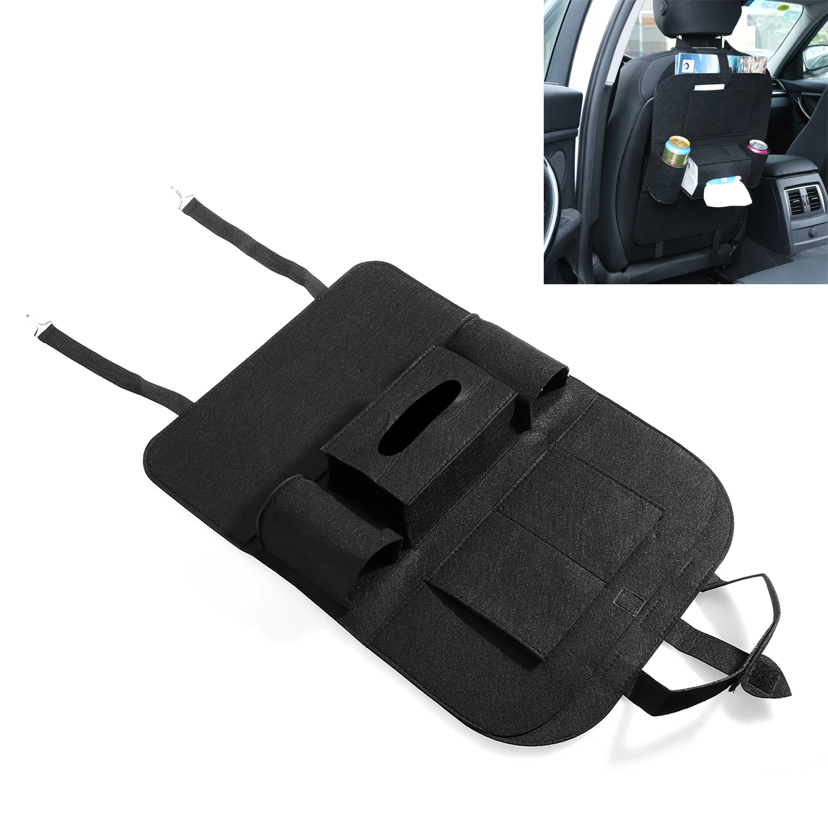 

6- Storage Organizer Black Felt Backseat Car Organizer For Kids Tissue Box Pen Wallet Bottle Auto Accessories