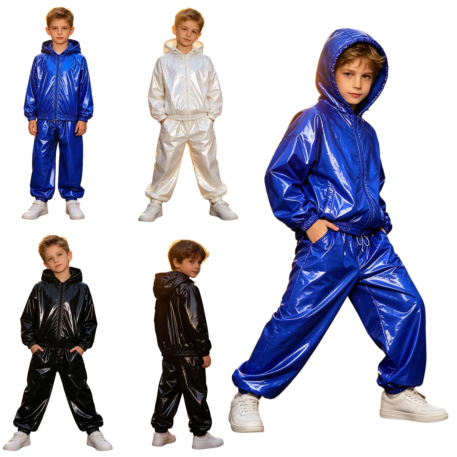 Kids Boys Girls Water Resistant Outfit Long Sleeve Drawstring Hooded Jacket Raincoat Jogger Pants for Hiking Fishing Cycling 2