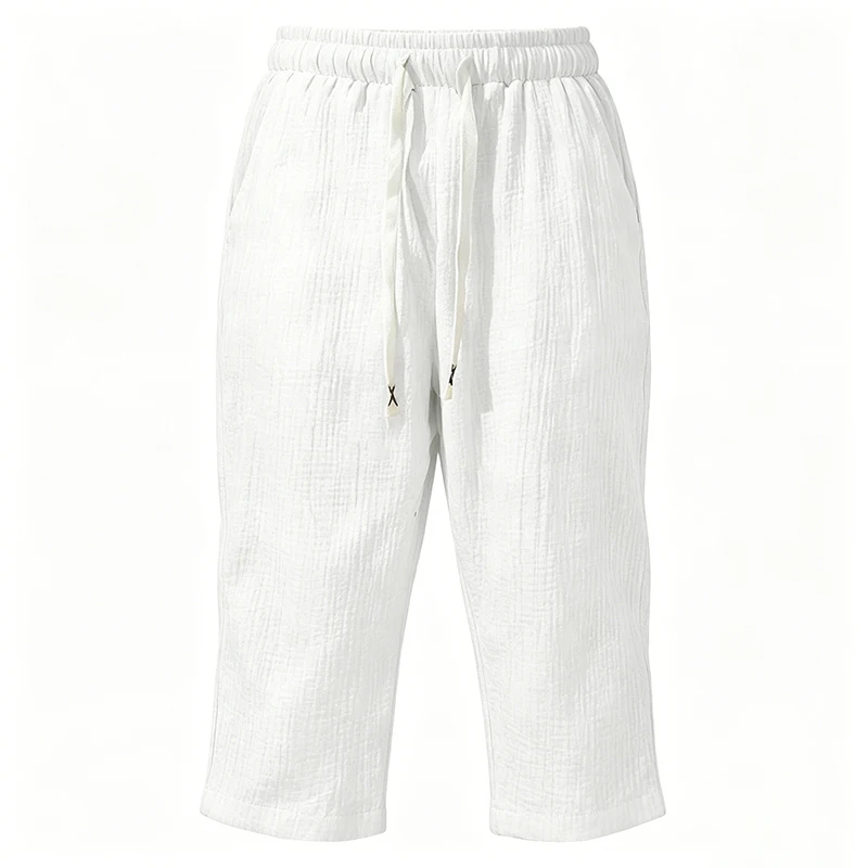 Summer Men Linen Capri Pants Drawstring Waist Loose Solid Color Casual Trousers For Daily Beach Vacation Outdoor Travel Wear