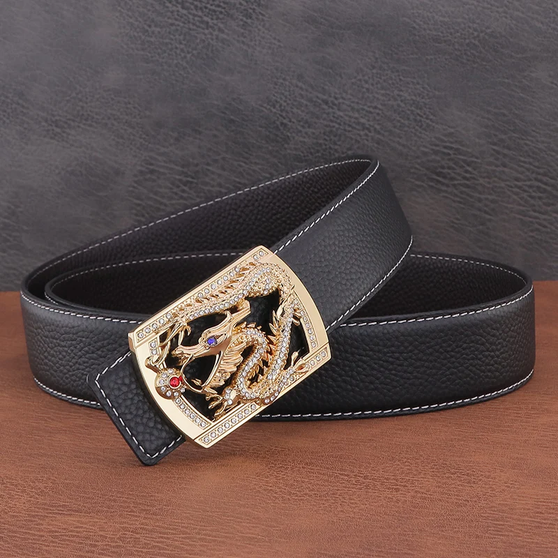 Hebilla lisa de dragón chino para hombre, cinturón de cuero genuino, diseño de lujo, Ceinture de alta calidad