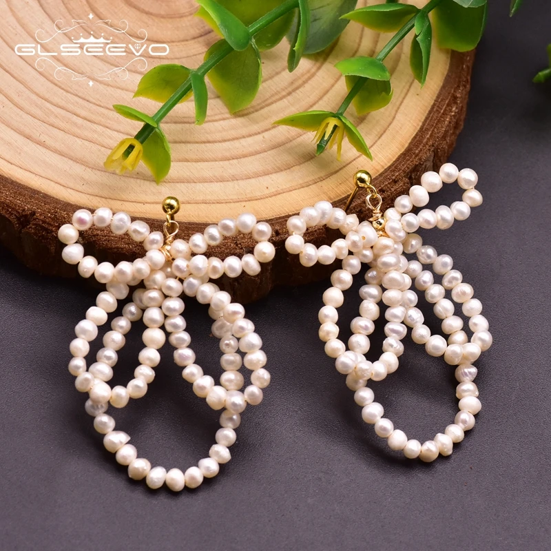 GLSEEVO Handmade Natural Freshwater Pearl Bowknot Pendant Earrings Exaggerated Girl Wedding Cute Ladies Jewelry Brincos GE0953