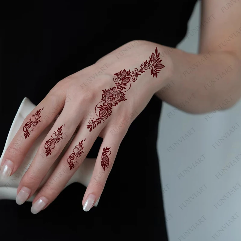 ملصق وشم حناء بني مقاوم للماء للنساء على شكل زهرة موقع قران للفتيات والأطفال وشم مزيف للاستعمال مرة واحدة لأصابع اليد
