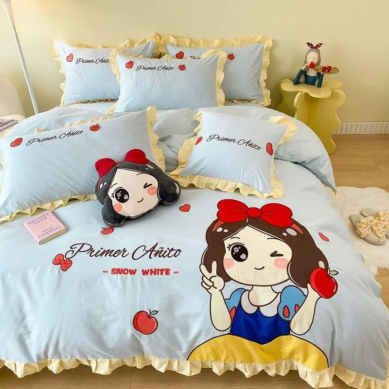 Disney Elsa Snow White Cute Cartoon Kawaii Soft and Comfortable Cotton Quilt Cover Sheets Four-piece Furniture Supplies Set