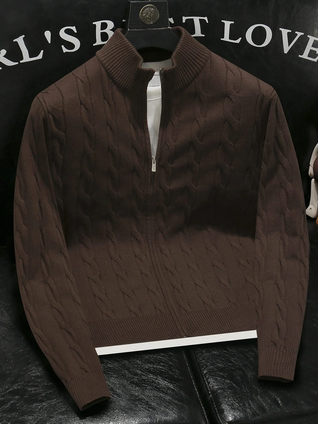 

Autumn Winter Men's Knitted Cardigan Pure Color Zipper Flannel Pattern Slim Fit Stand Collar Knitwear Casual Sle Long Sve