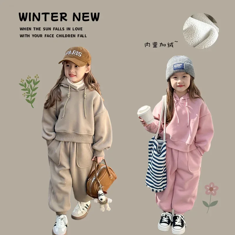 Thickened Medium Size Girls' Korean Version Leisure and Warm Composite 320g Ollie One-piece Velvet Set with Added Velvet