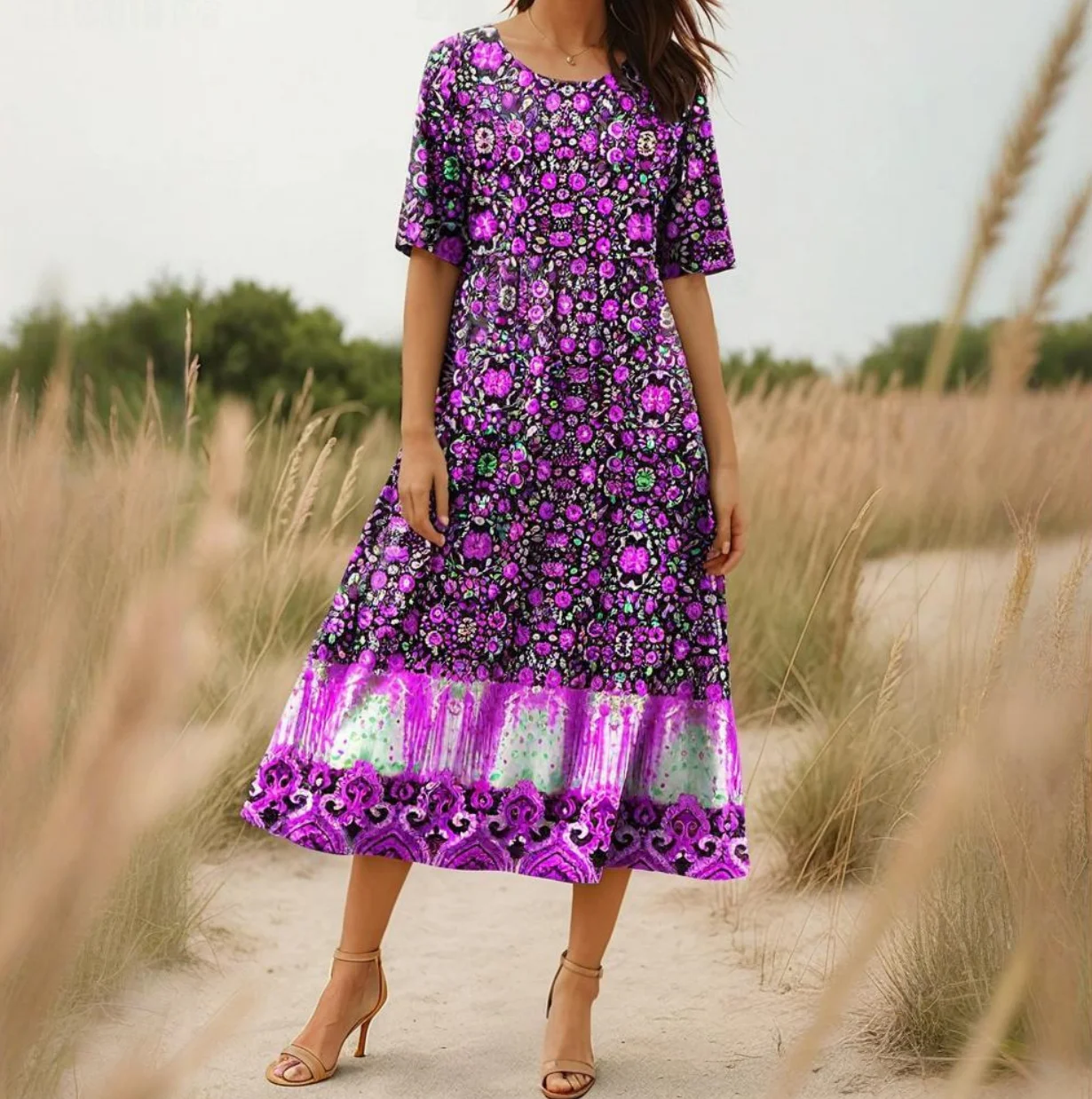 فستان نسائي برقبة دائرية على الطراز البوهيمي فستان صيفي للأماكن الخارجية بأكمام قصيرة ونمط هاراجوكو عتيق فساتين جديدة على شكل زهرة سحق