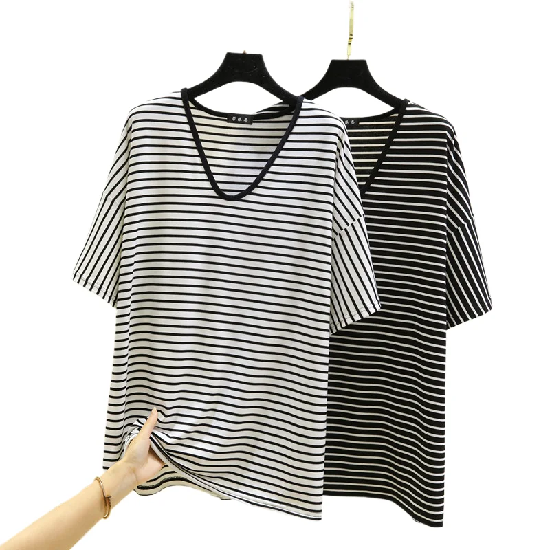 

Modal Striped T-shirt Women's Summer Loose V-neck Short Sleeved Large Size Basic Shirt Casual Comfortable Versatile Top Tee