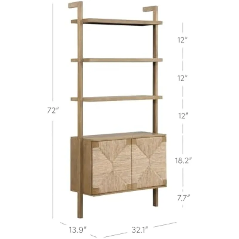 Beacon 3-Shelf Solid Wood Bookshelf with Storage Cabinet, Bohemian Wall Mounted Shelf with Seagrass Door Fronts